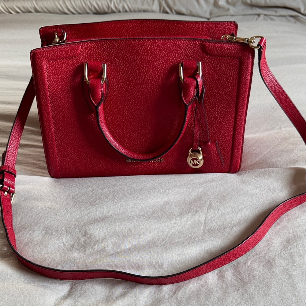 Michael Kors Red Leather Satchel with Gold Hardware
